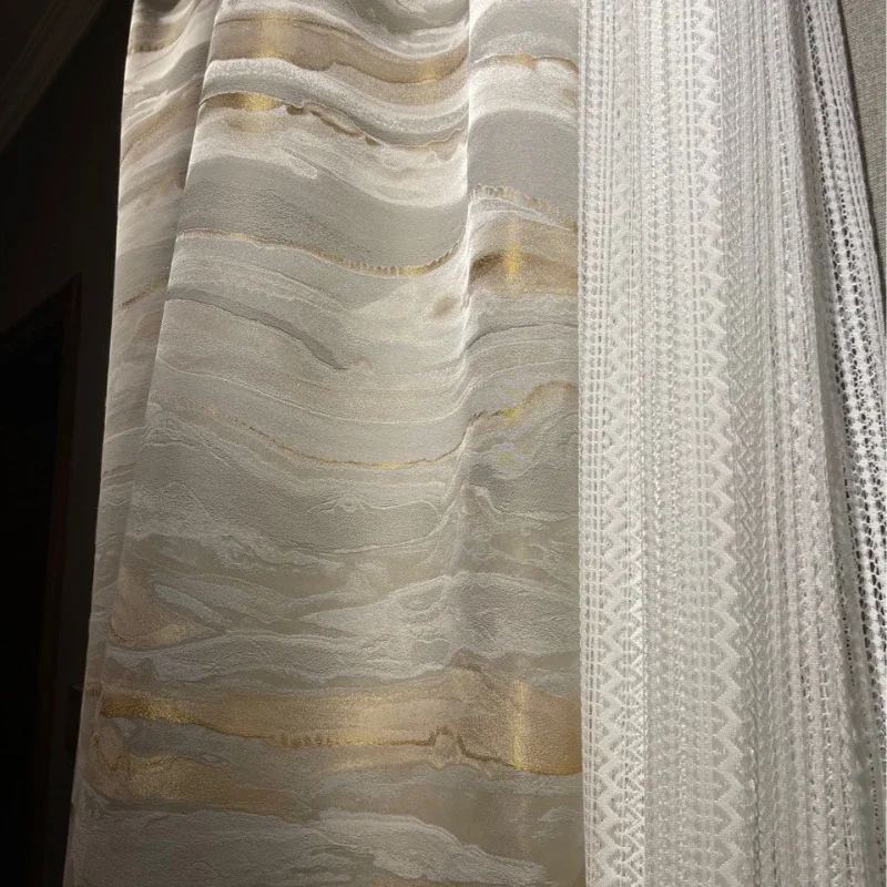 New Chinese Curtains for Living Dining Room Bedroom Style Gold Thread Marble Texture Jacquard High Precision