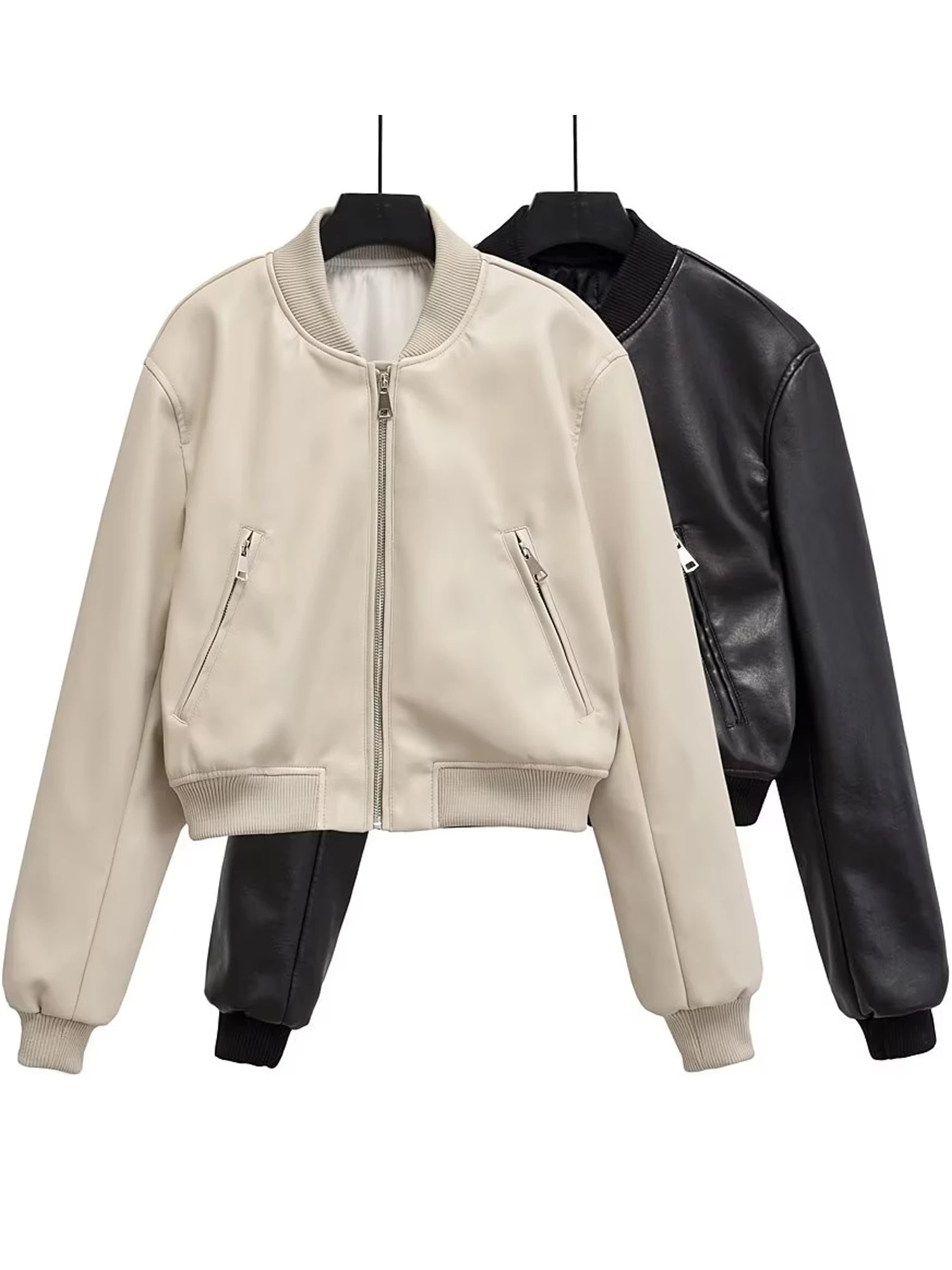 Blouson aviateur en similicuir vintage pour femme, manteau haut, style féminin, 2 couleurs, beige, noir, nouveau, 2023
