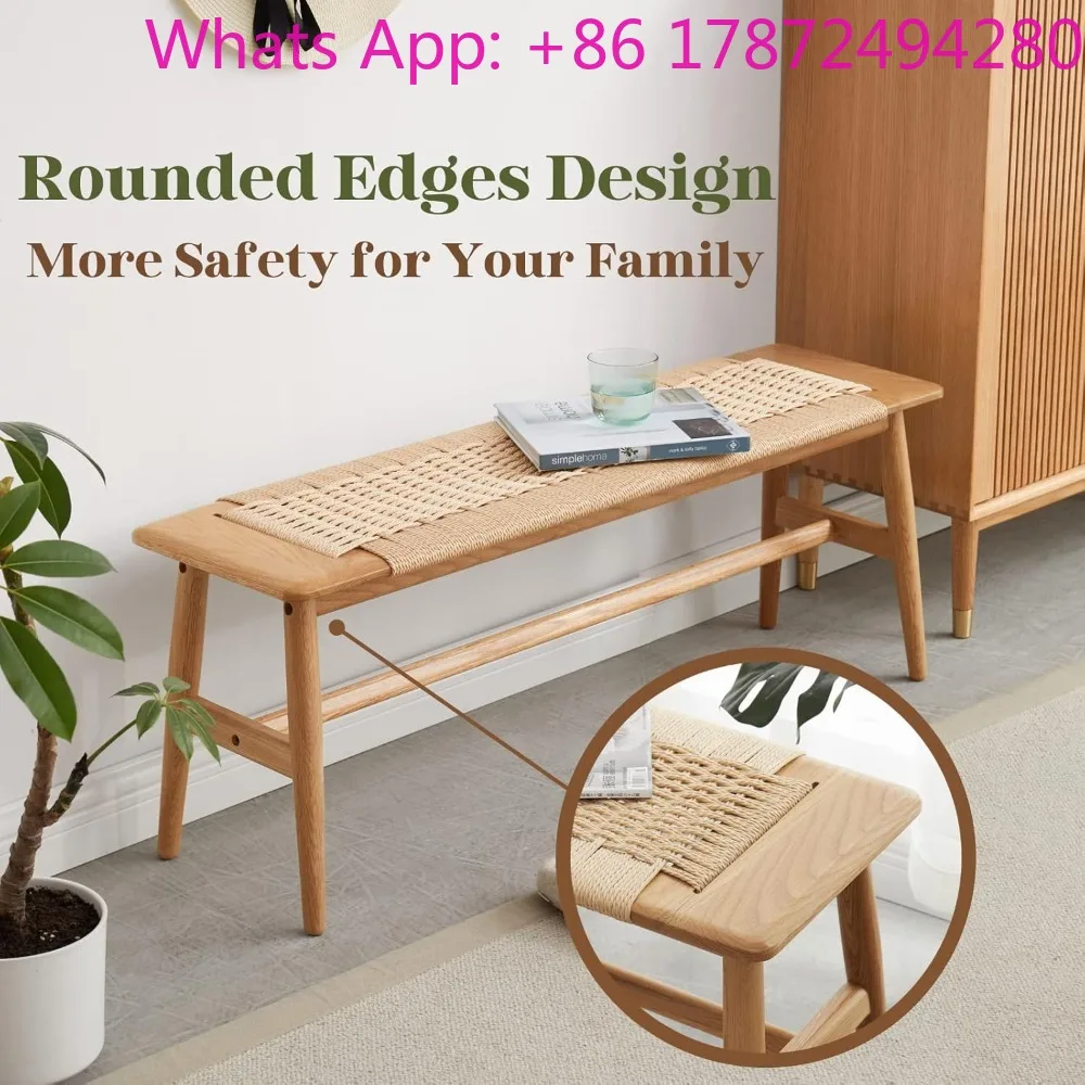 100% Oak Wooden Bench Indoor - Solid Wood Rope Woven Entryway Bench
