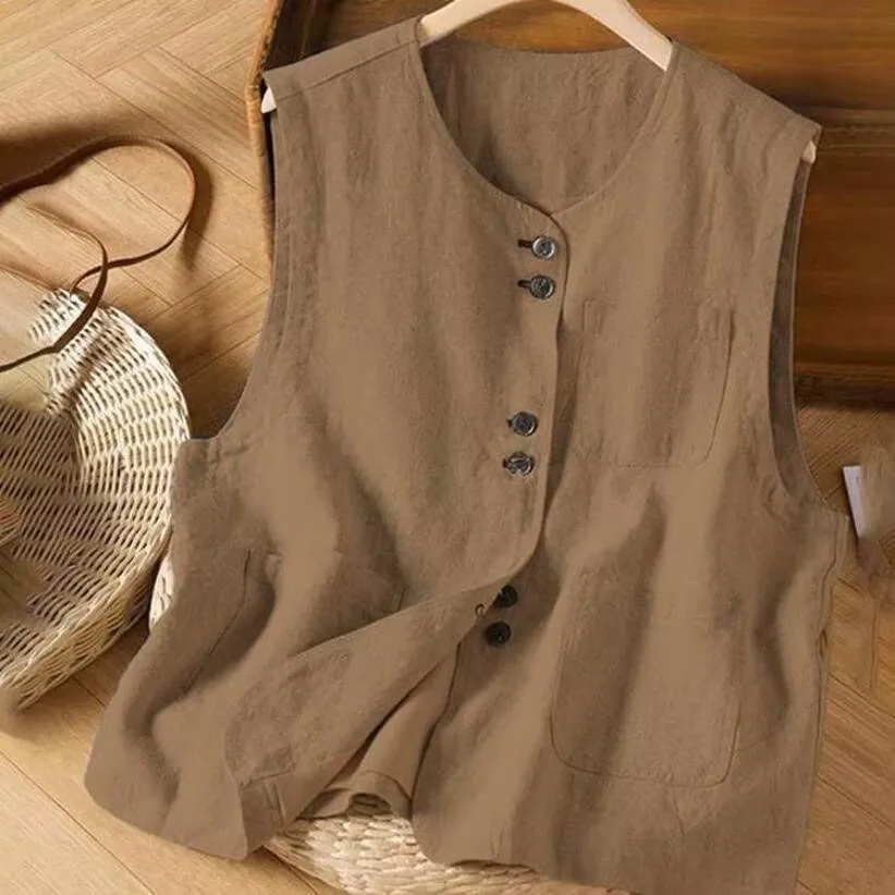 Womens Cotton Linen Buttons Waistcoat Thin Vest