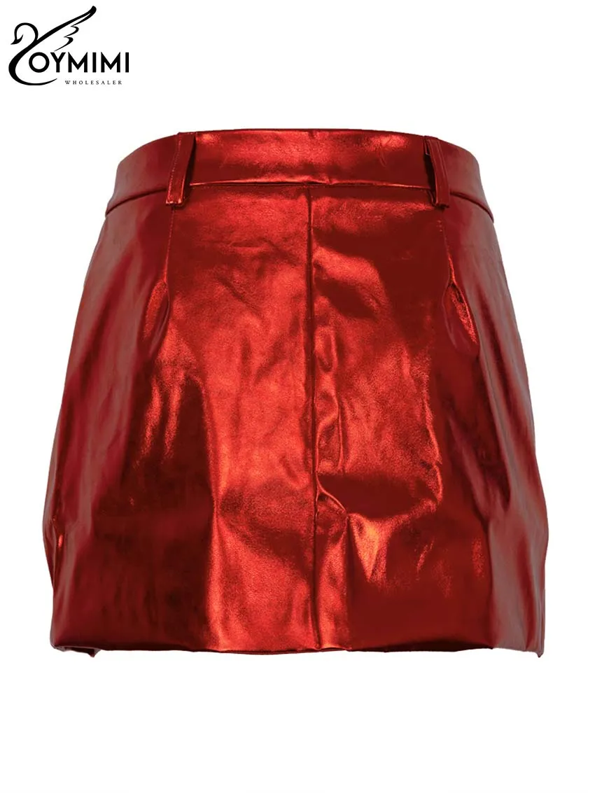 Oymimi Elegant Red Pu Leather Skirts For Women Fashion Low Waisted Slim Mini Skirts Streetwear Sexy Simple Straight Skirt Female