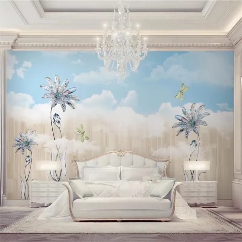 Custom wallpaper 3d new fashion jewelry crystal blue sky white clouds TV backdrop Curtains Jewelry Crystal wallpapers home decor