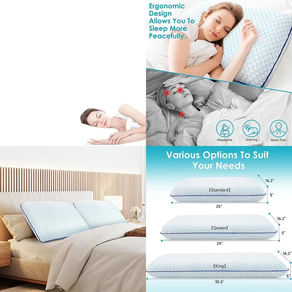 

Pair of Memory Foam Pillows - Ideal for Side, Back, and Stomach Sleepers with Washable Cover and Breathable Mesh (Blue, King Siz