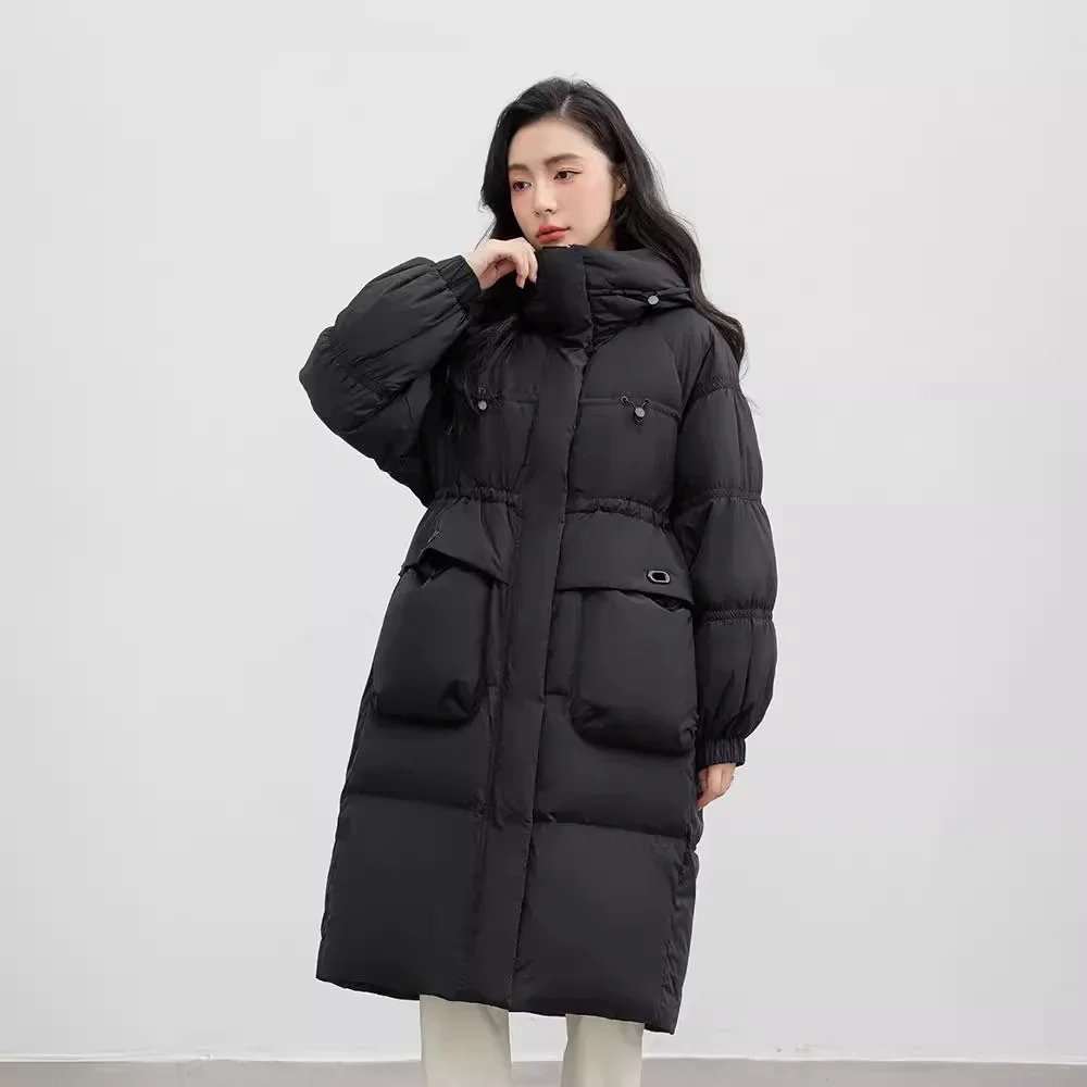 Winter Women\'s Jackets 2024 White Duck Down Hooded Thickened Long Down Jacket Quilted Color Collision Casual Warm Overcoat