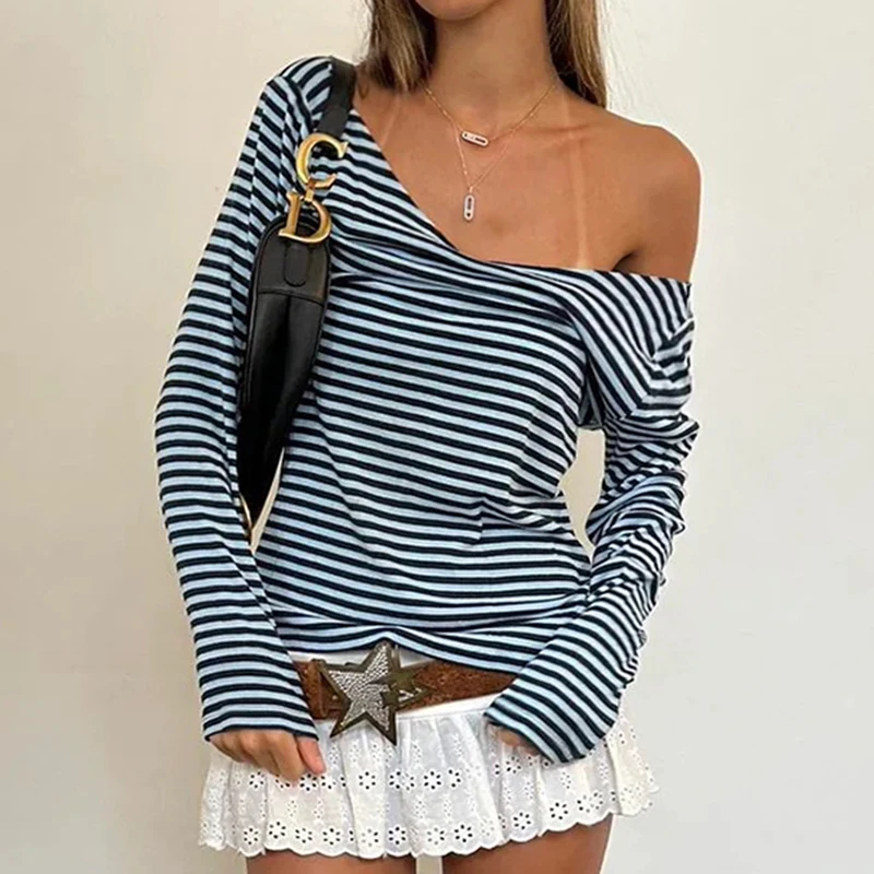 IAMHOTTY High Street Striped Top Deep V-neck Long Sleeve T-shirts Casual Basic Slim-fitting Tops Vintage Chic Elegant Tees Fall