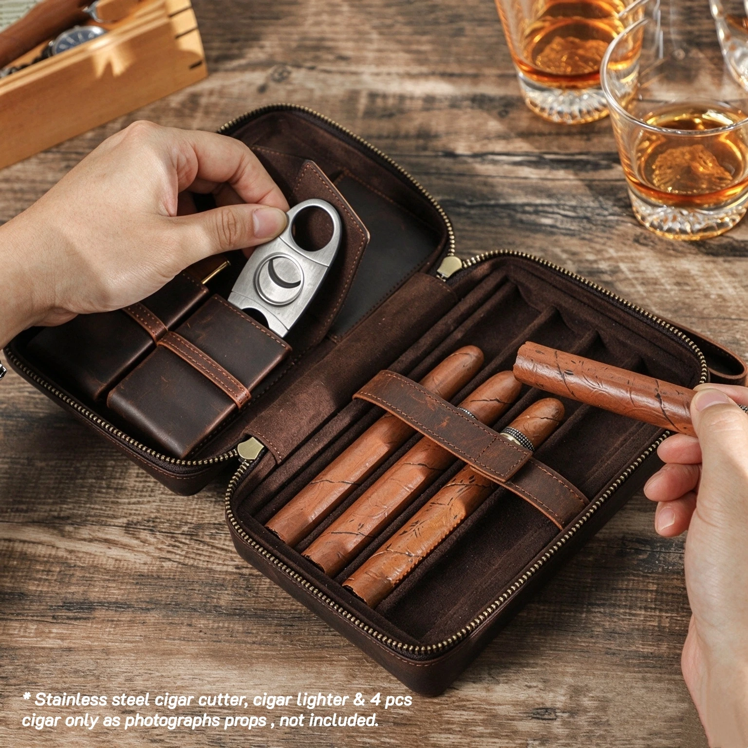 Retro Crazy Horse Leather Cigar Case Portable Travel Humidor with Cutter Pocket & Lighter Pocket Handmade 4-Cigar Storage Pouch
