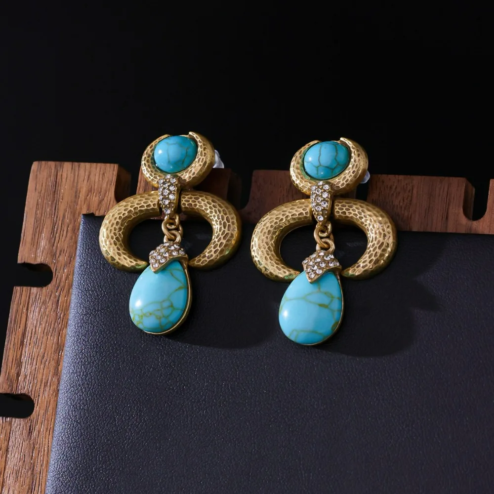 

Retro Vintage Natural Turquoise Stone Earrings, Medieval Style High-end Palace Style Geometric Earrings New Christmas Jewelry