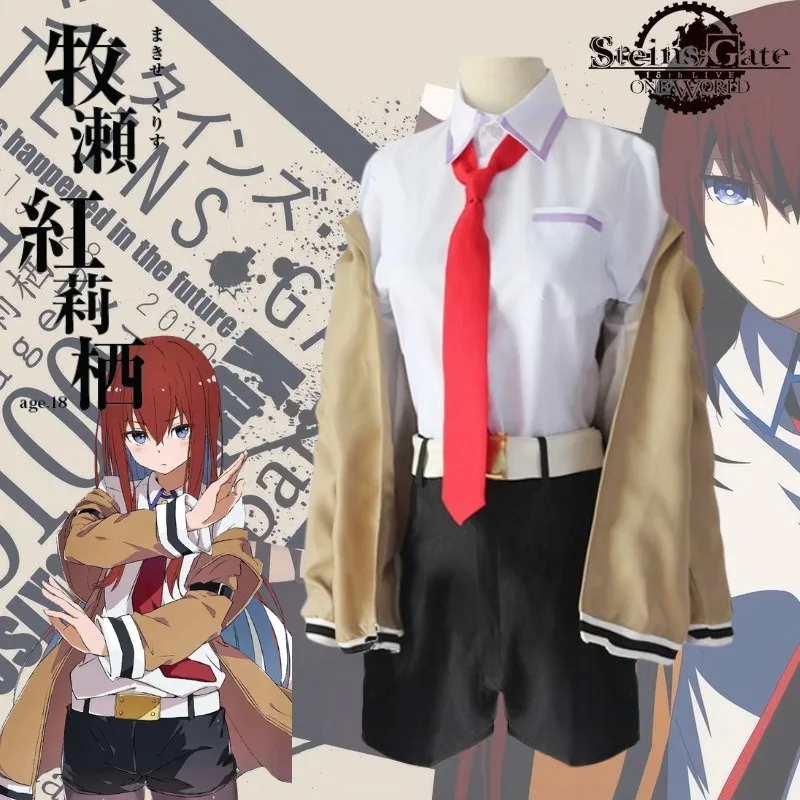 Steins Gate Kurisu Makise japońskie anime gra Cosplay Kurisu koszula Cosplay płaszcz szorty skarpetki krawat pas kobieta kostium dziewczęcy