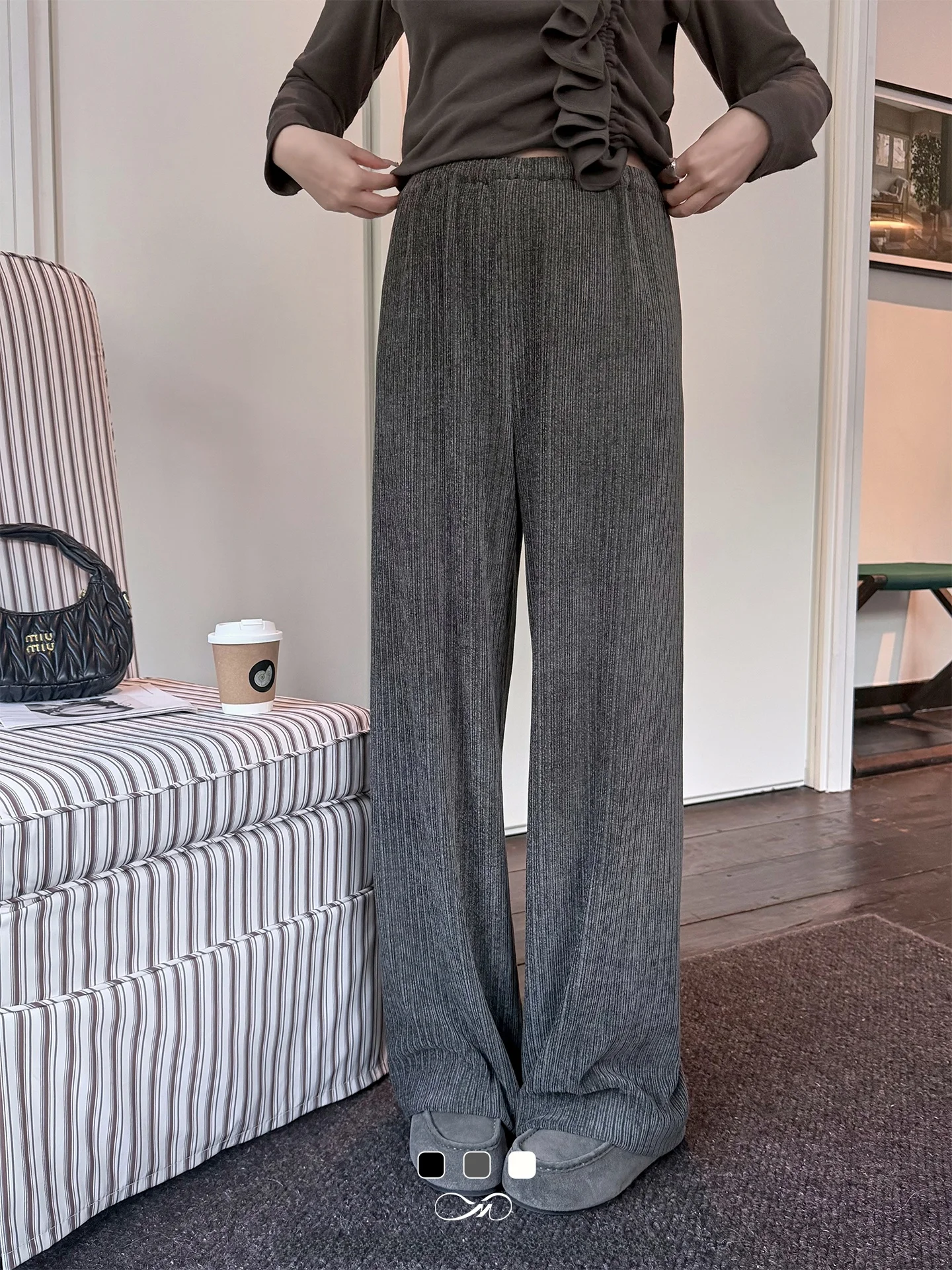 

New Arrival High Waist Wide Leg Pants Straight Cut Velvet Texture Women's plus Size Casual Trousers Polyester Fiber