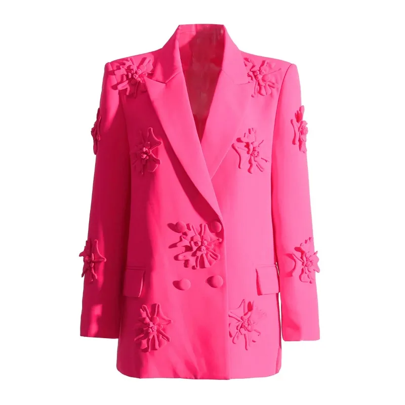 

SuperAen 2024 Spring Summer High Street Pink Flower Blazer Jacket Loose Straight Leg Wide Leg Pants Women Set