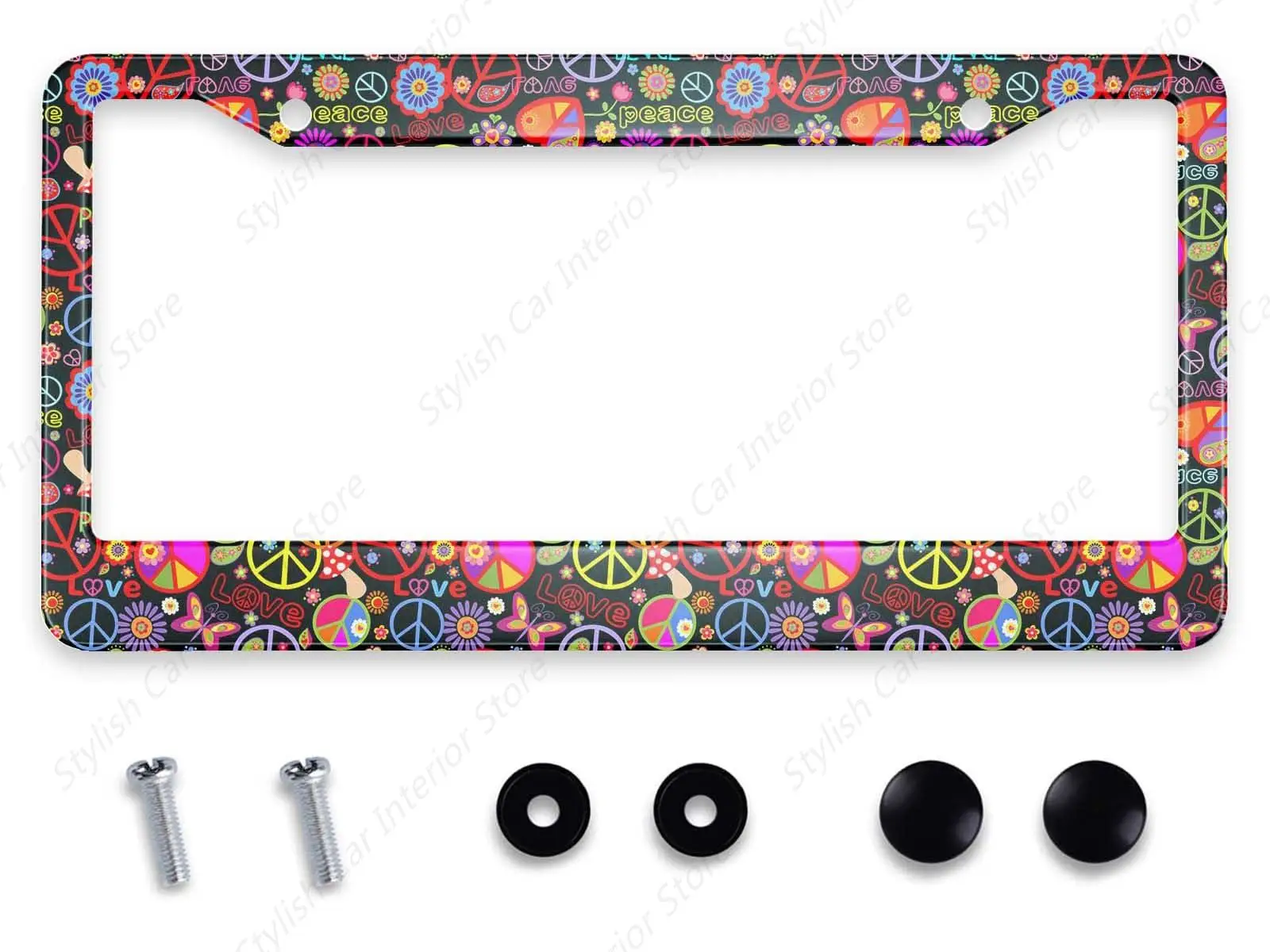 Colorful Hippie Print with Peace and Love Decorative License Plate Frame Stainless Aluminum Car Tag Holder Auto Car for US