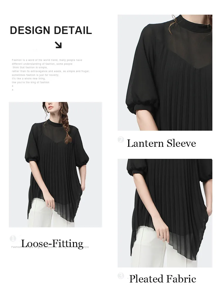 2023 Summer Chiffon Blouse Mid-length Black Lantern Sleeve Crew-neck Loose Plus Size Women\' Top With Belt Pleated Tops Shirts