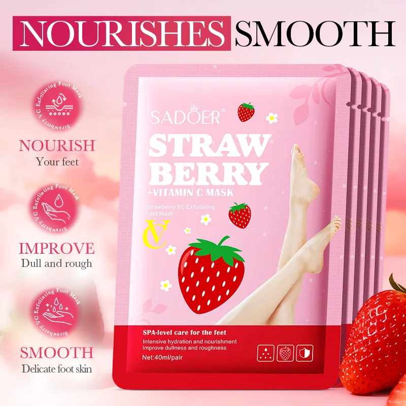5 Pairs SADOER Strawberry Foot Mask Moisturizing Whitening Foot Peeling Mask Exfoliating Feet Spa Pedicure Exfoliant Skin Care