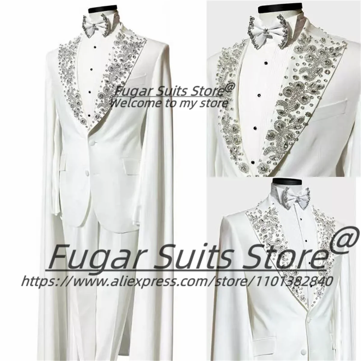 

White Luxury Style Crystal Long Cape Men Suits Slim Fit Peak Lapel Groom Wedding Tuxedos2Pcs Sets Male Blazers Prom Ropa Hombre