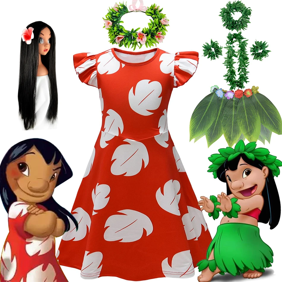 

Stitch Girls Lilo Dress Halloween Cosplay Costume 3D Feather Print Red Flying Sleeve Dress 3-12 Yrs Kids Cute Soft Sleepwear