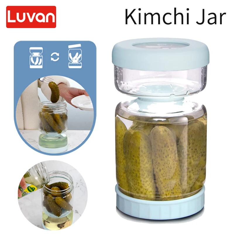 Tarro de kimchi de pepinillos de vidrio de 1000ml, almacenamiento de alimentos, organizador de fermentación de cocina, contenedor dispensador seco y húmedo, jarra separador de aceitunas