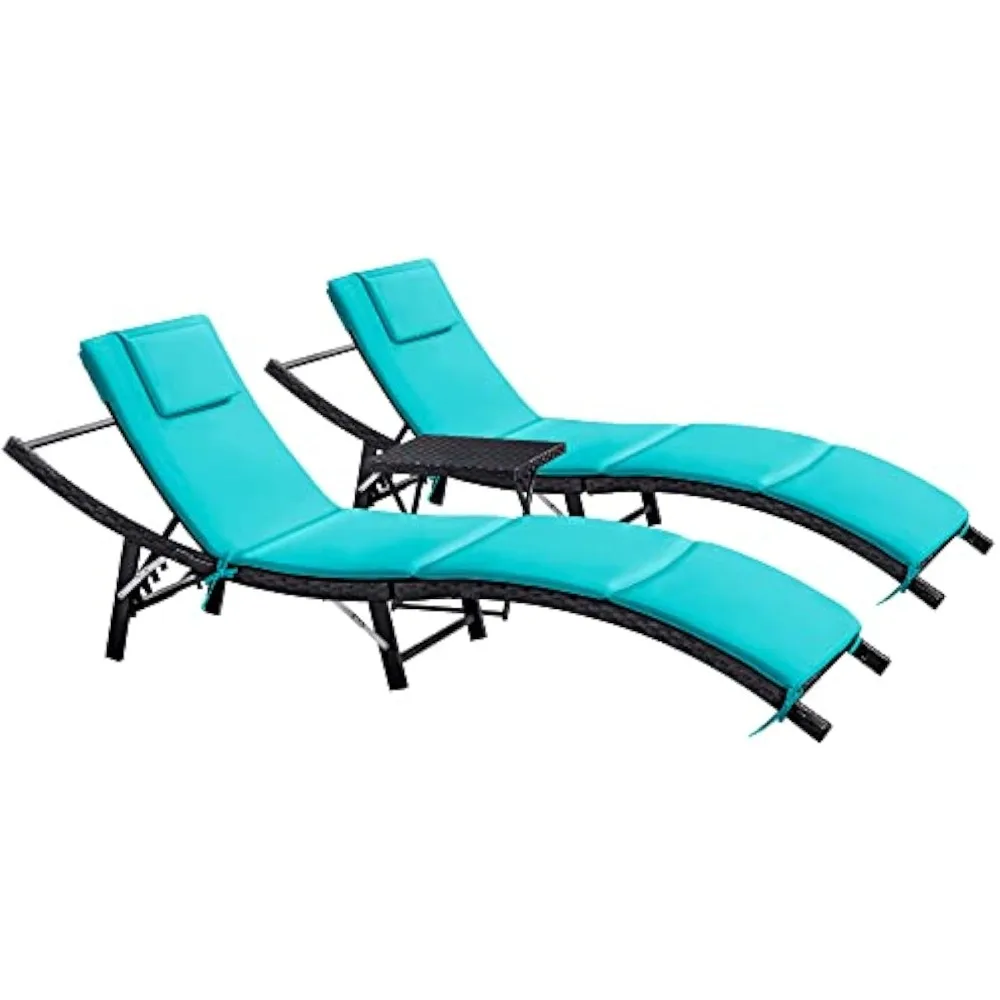 Outdoor Lounge Chairs Set 3 Pieces Adjustable Chaise Lounge with Folding Table and Cushion for Garden, Poolside, Beach