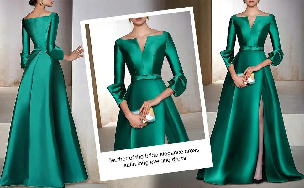 Gaun Ibu Pengantin Warna Hijau Tua yang Elegan 2026 Kerah V Lengan Setengah Bahan Satin Silt Panjang untuk Acara Pernikahan, Tamu, dan Pesta Formal