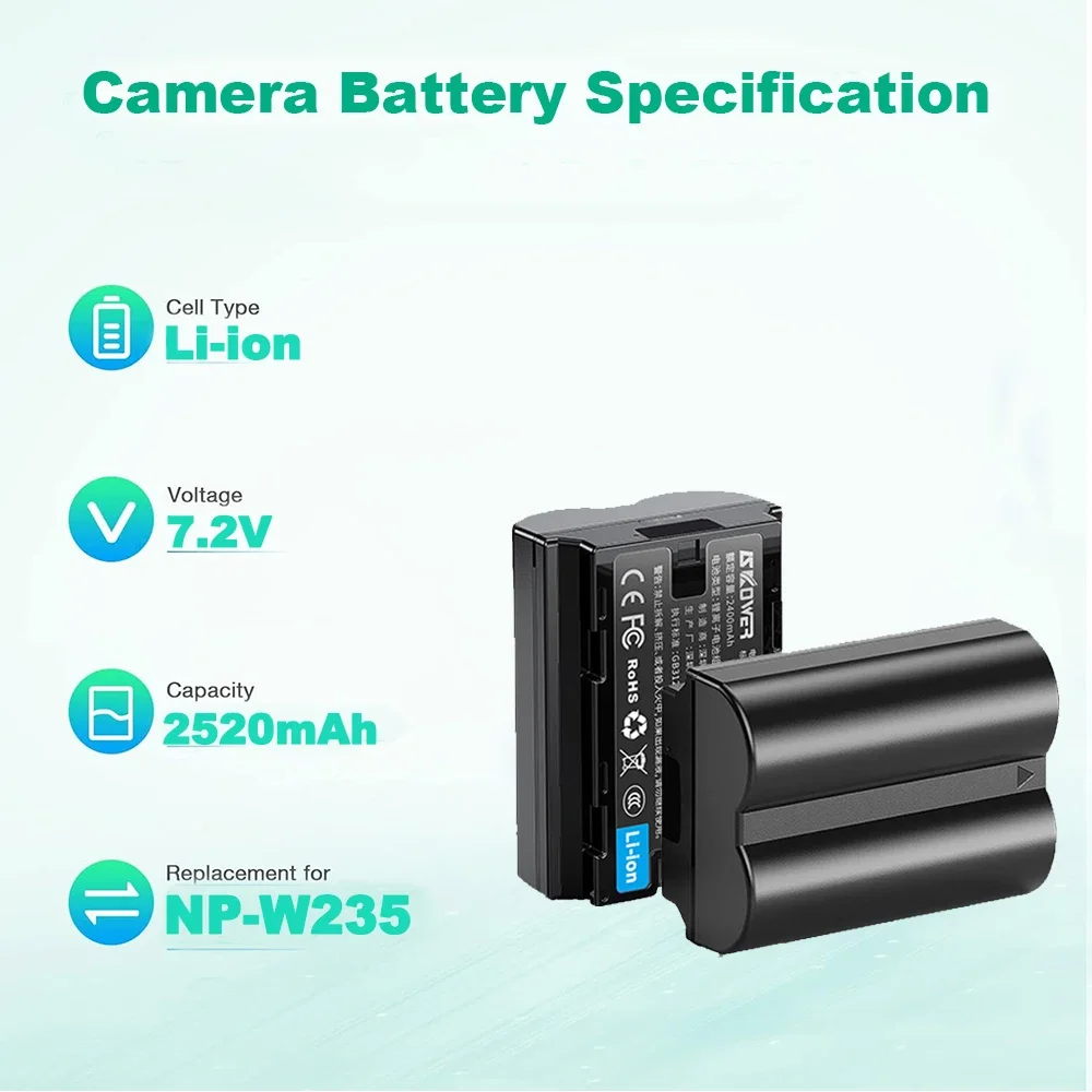 2520mAh NP-W235 Battery for Fujifilm X-T5 X-T4 X-S20 X-H2 X-H2S GFX 100S GFX 50S II Cameras USB Dual Charger