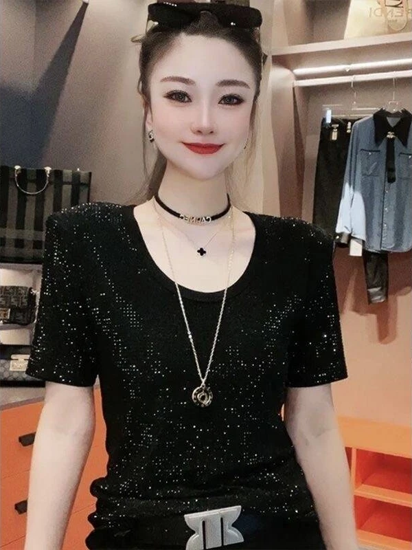 Spring Summer New Heavy Work Large Size Short Sleeve T Shirt Bright Diamond Slimming round Neck Short Sleeve Iron on Rhinesto...