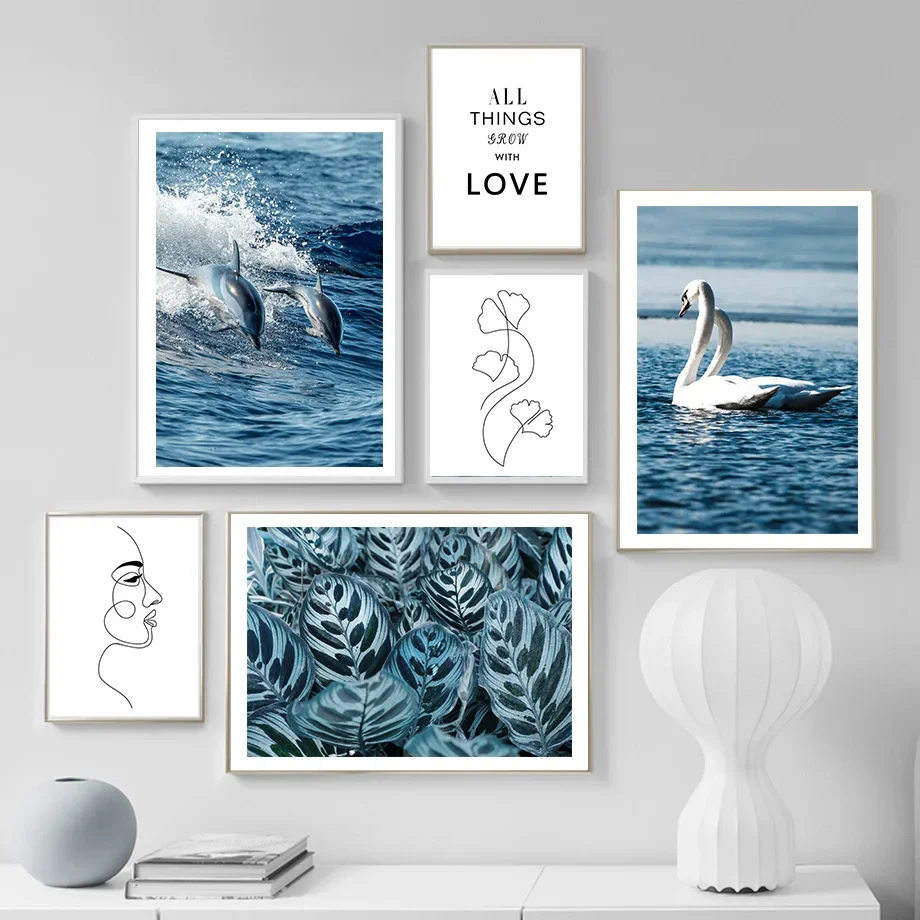 Multiple sizes 1pc frameless Canvas Painting,1pc frameless Canvas Painting Blue Ocean Wall Art Coastal Dolphin Swan Canvas Print
