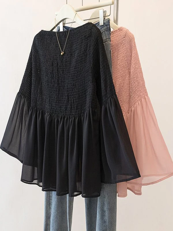 

plus Size 300 Pou Faionable Design Pleated round Ne Bell Sve irt Women Slimming Top Korean Sle Autumn Spring