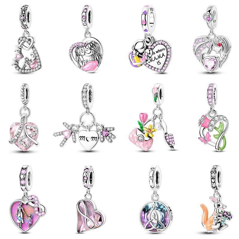 

Mother's Day 925 Sterling Silver Pink Heart Shape Embrace Mom Charms Pendants Fit Qikaola 925 Original Bracelet DIY Jewelry Gift