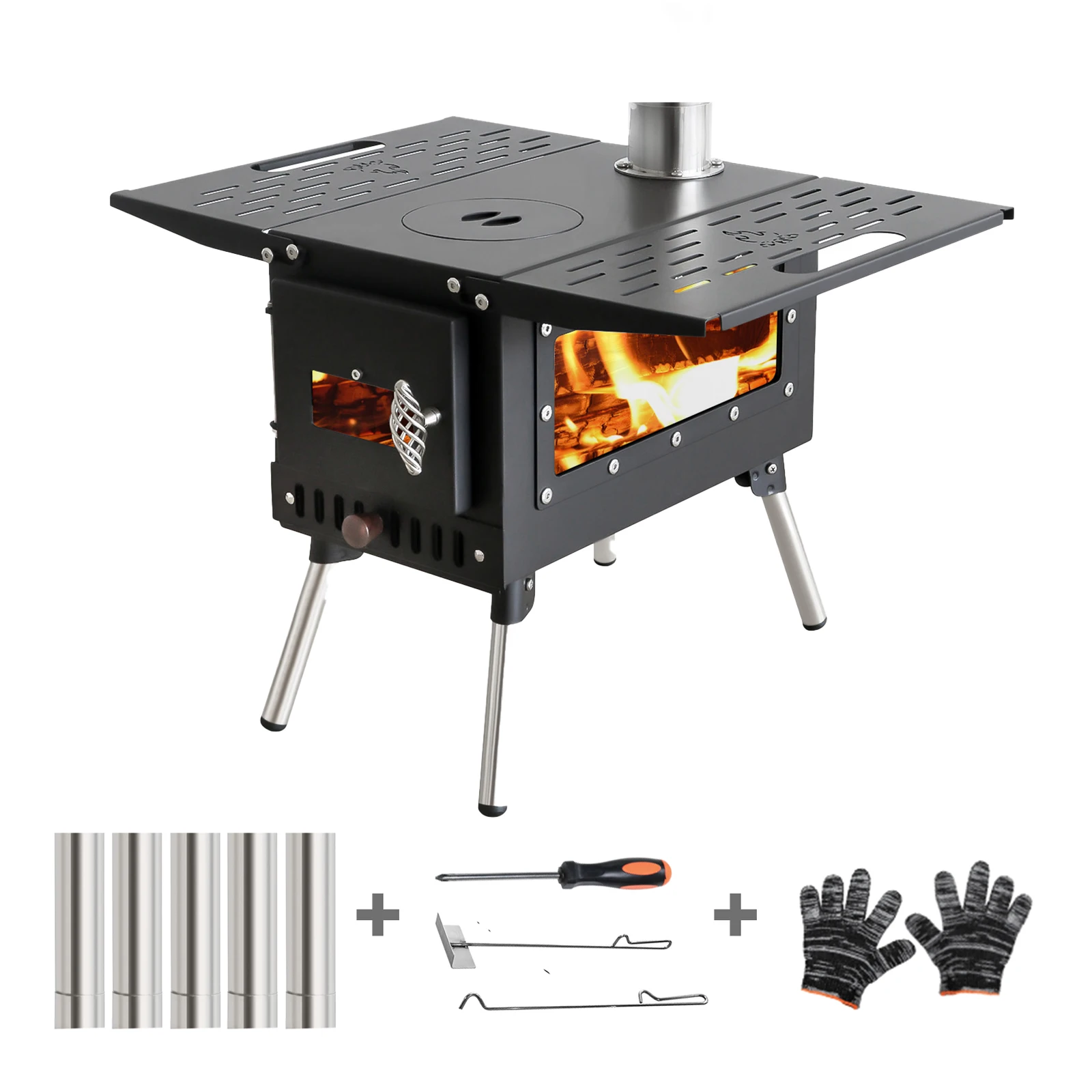 Camping Wood Stove Portable Ice Fishing Tent Wood Heater with Chimney Glass Window Winter Outdoor Cooking Wood Burning Stove