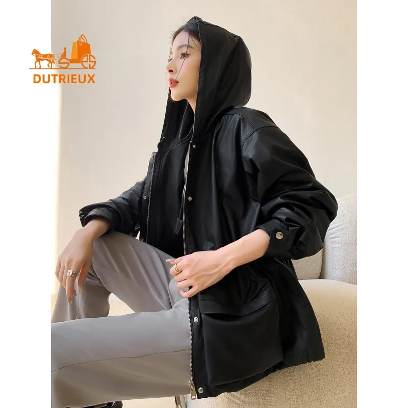 Nueva chaqueta de cuero genuino con capucha de otoño e invierno para mujer, 100% piel de oveja auténtica, abrigo corto suelto elegante de moda para mujer