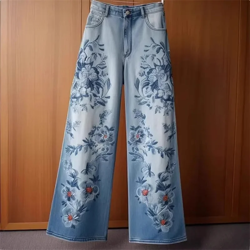 

Vintage Embroidered Wide Leg Jeans Spring Autumn New Female Loose High Waist Straight Leg Pants Women's Denim Casual Trousers