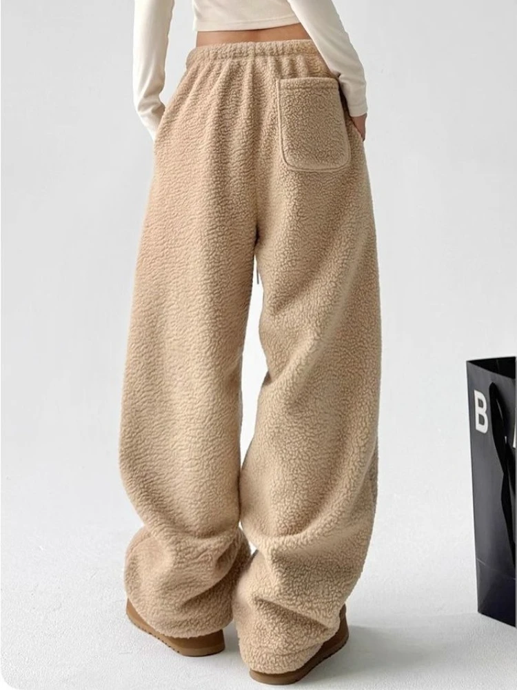 Deeptown Black Basic Wide Leg Women Pants White High Waist Korean Fashion Straight Polar Fleece Trousers Baggy Casual Winter