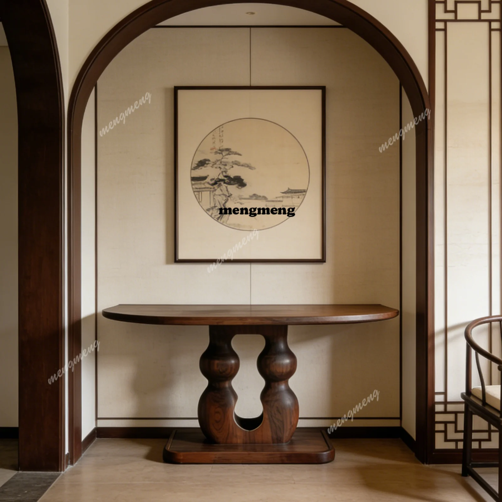 

New Chinese black walnut porch semi-circular solid wood tenon and mortise structure light luxury multi-functional porch