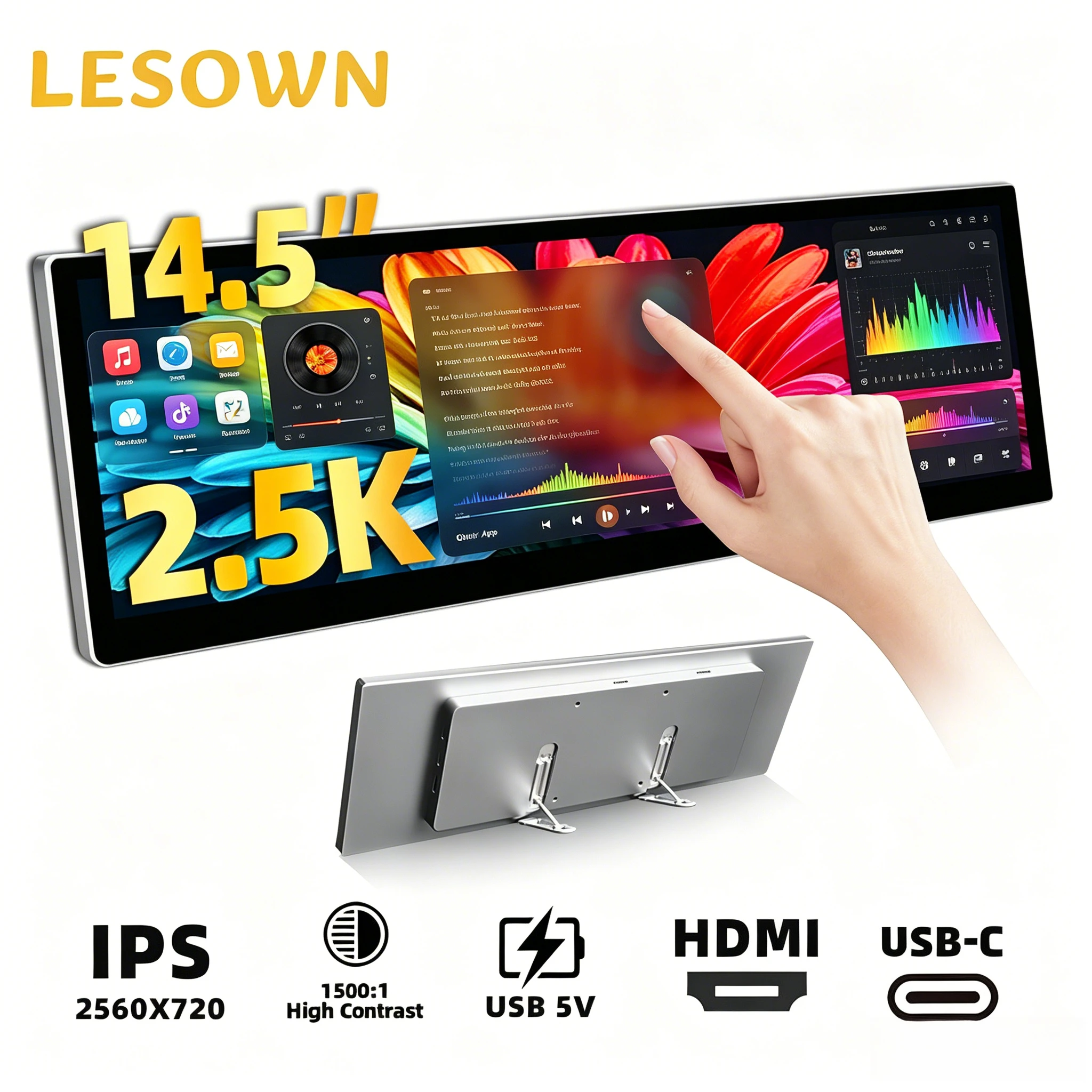 LESOWN 14.5" 2.5K Capacitive Touch 16:4 Laptop Screen Extender Plug&Play Speakers External Monitor MacBook Air Desktop PC
