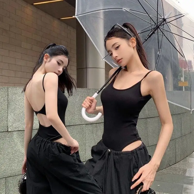 

Black Strappy Bodysuit Sexy Backless Ribbed Bodysuit Romper String Femme Sexy Sleeveless Tank Top Gloved Bodysuit Body Female