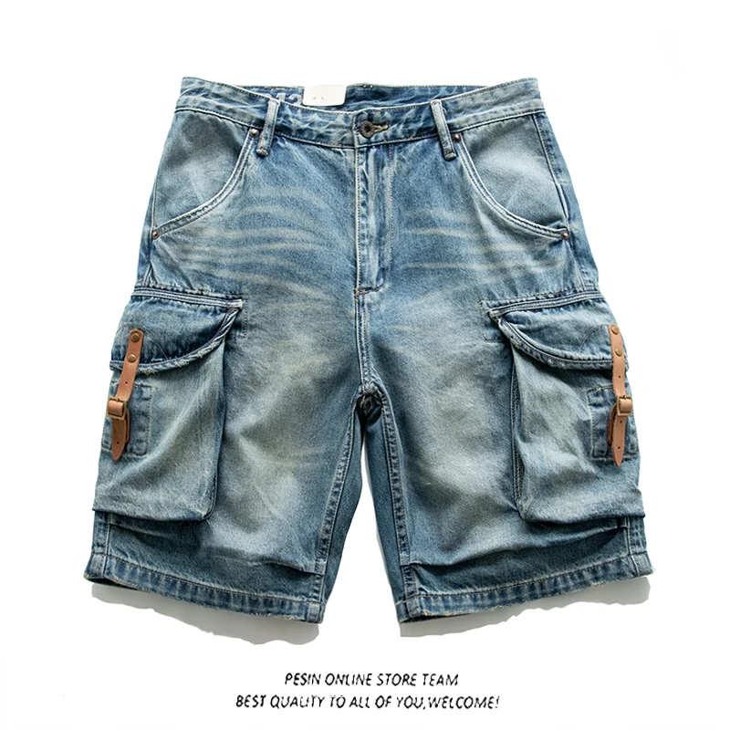 

Летняя модная брендовая многоэтажная рабочая одежда в американском стиле ретро, мужские свободные прямые повседневные брюки средней длины, мужские брюки с пятью точками