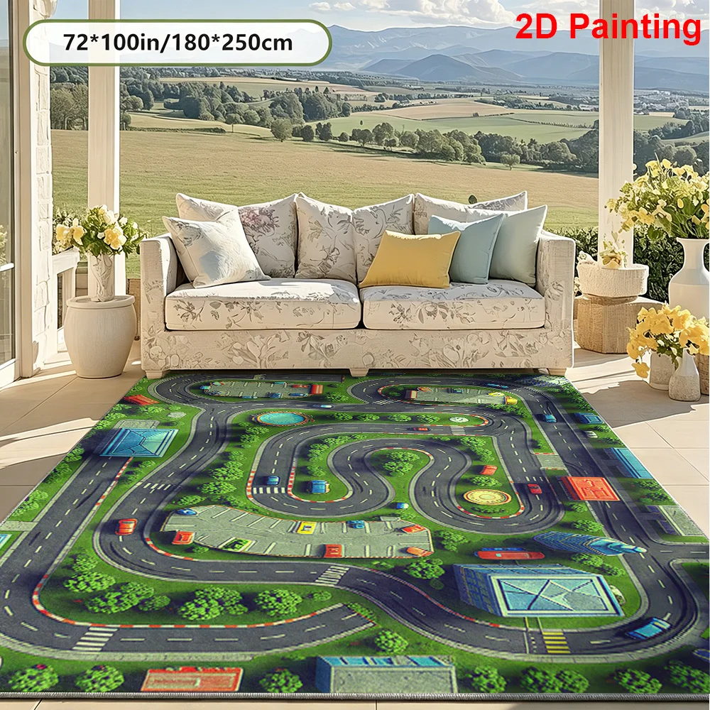 Cartoon City Race Track 2D Flat Rug, Non‑Slip Washable Easy‑Clean Mat for Living Room Hallway Entryway Bedroom Indoor Decor