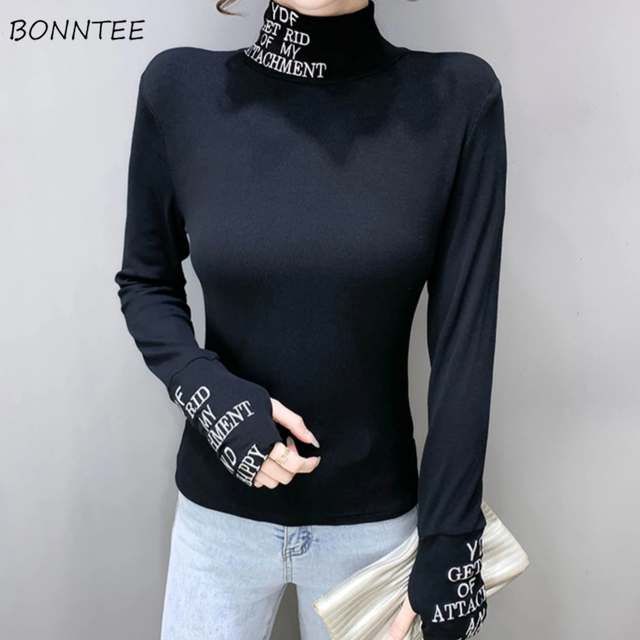 Turtleneck T-shirts Women Basic Casual Tops Letter Printing Tender Plus Velvet Autumn Sexy Seductive Корейская Мода Female Daily