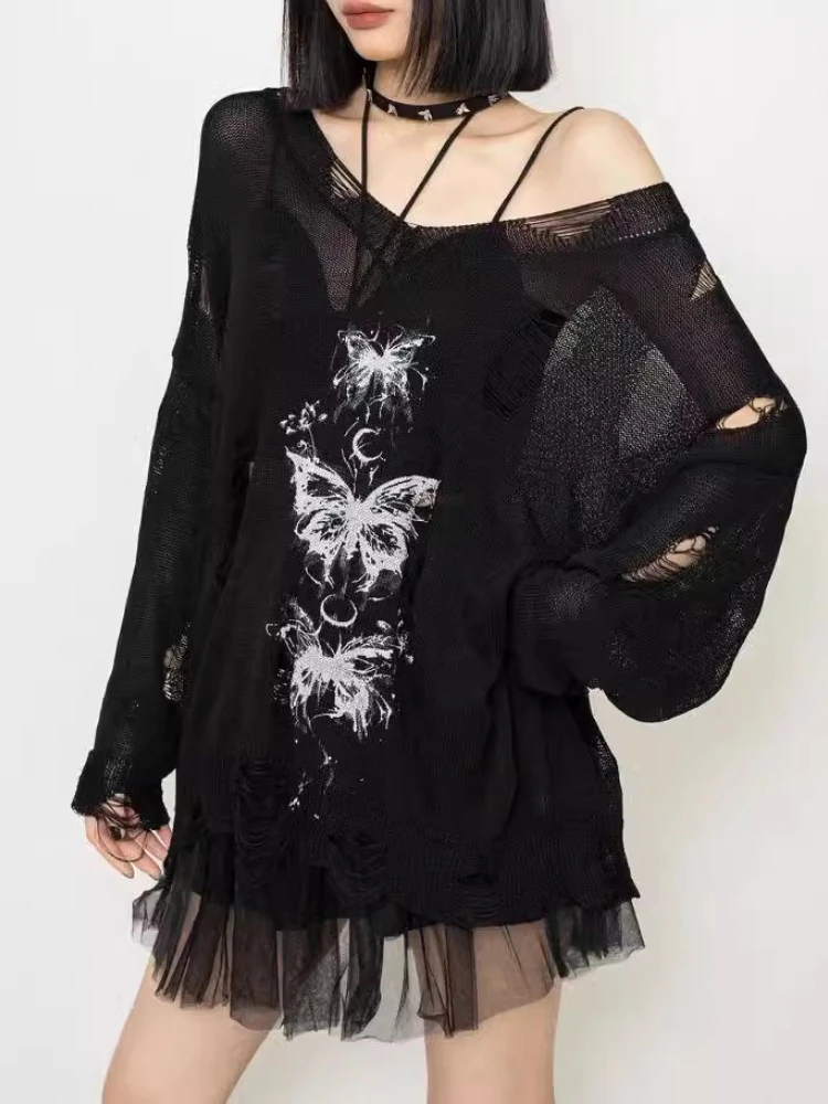 

2025 Y2K Dark Black Loose Fit Cut Out Print Bufferfly Pullovers Oversized Distressed Knit Sweatshirts Women's Gothic Fall Tops