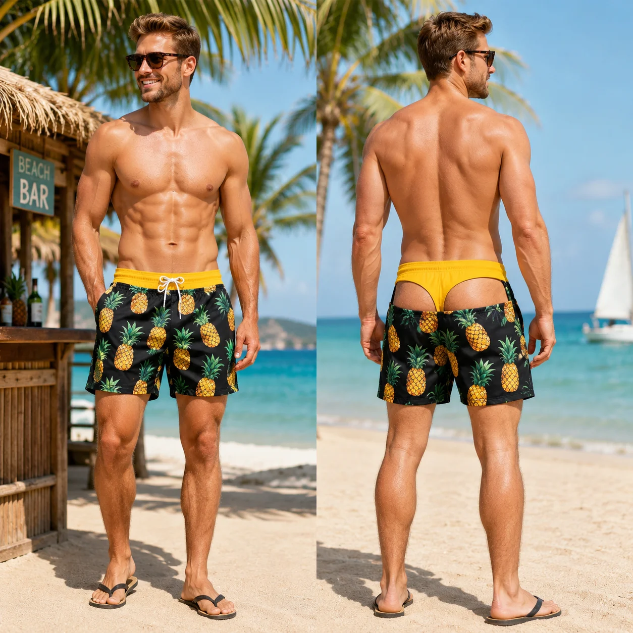 funny men's swimsuit Flamingo Tropical Swim Trunks Yellow Thong Illusion Hawaiian Floral Novelty Board Shorts Quick Dry Beach