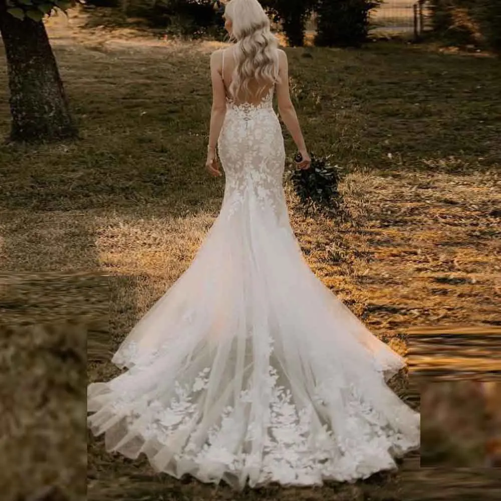 ชุดแต่งงานแบบเรียบหรูประดับลูกไม้ปักลาย สายเดี่ยวเปิดหลัง ทรงเมอร์เมด ปักลายอย่างประณีต