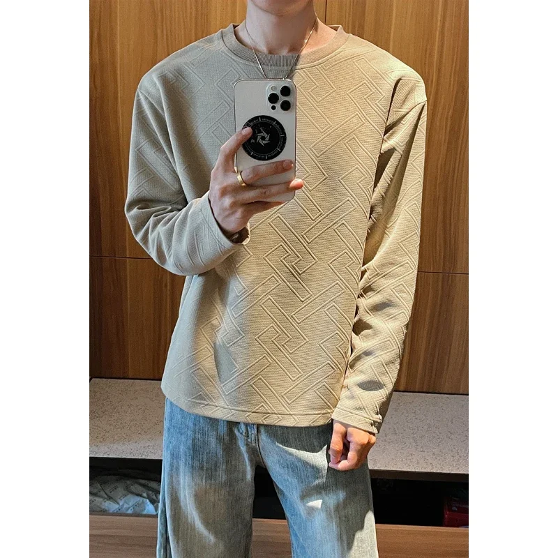 Male Autumn Crew Neck Long Sleeve Shirt Geometric Pattern Jacquard Cloth Relaxed Silhouette For Outdoor Travel Matching