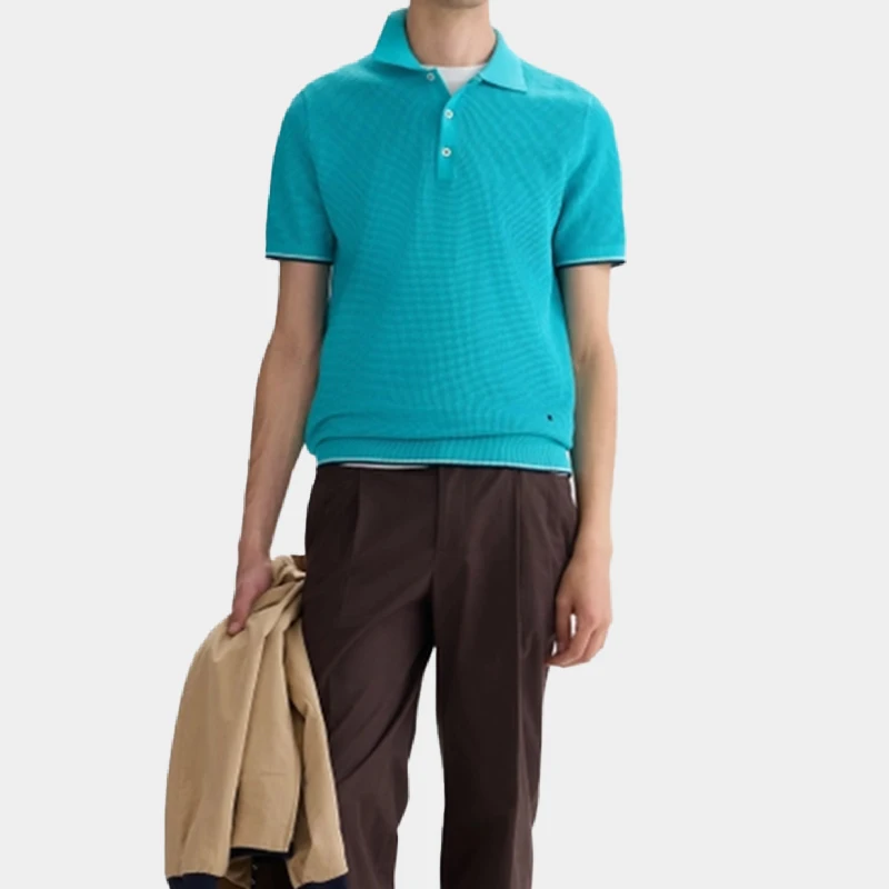 PG Minimalist Mens Waffle Texture Polo Shirt Thin Contrast Edge Cuff Hem Small Side Logo Weekend