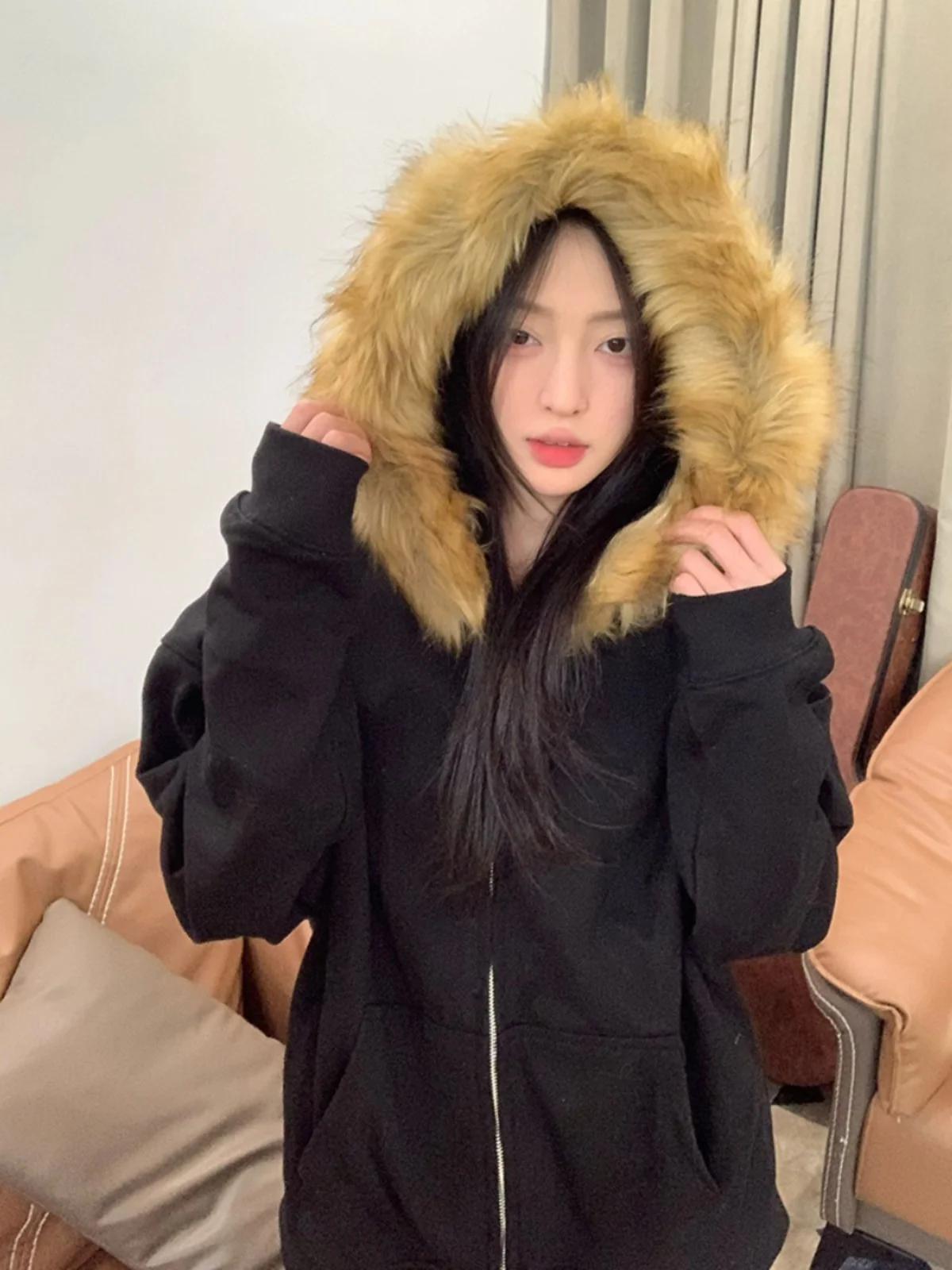 Bla Hooded Jaet Women's Spring Autumn Thin Fur Collar American Retro Open Cardigan Top Street Sle Long Sve Zipper