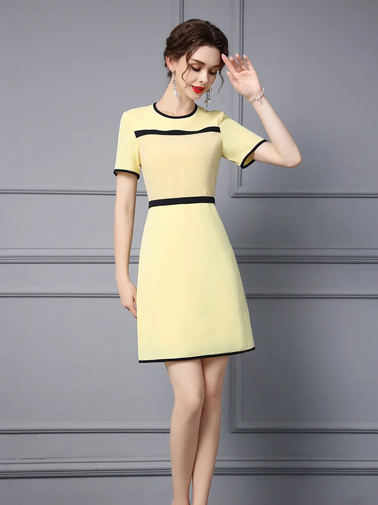 ZJYT elegante semplice Color Block abiti da ufficio giallo estate donna Designer manica corta abiti da festa lunghezza al ginocchio Robe Femmes