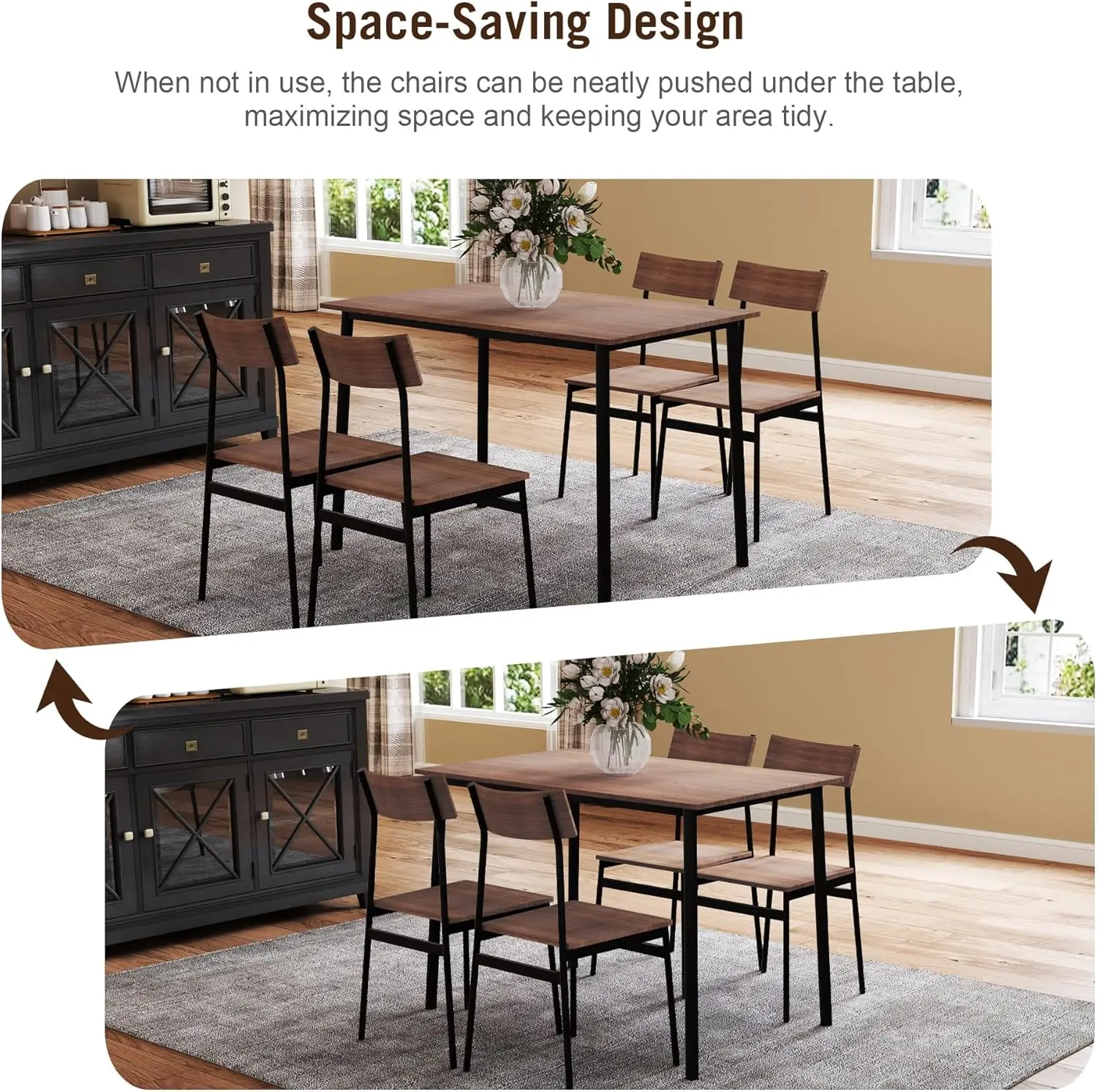 Set da pranzo rustico industriale in legno da 5 pezzi con struttura in metallo - Marrone