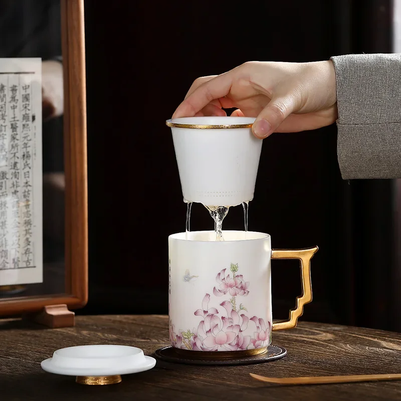 Bauhinia, com tampa, filtro, pintura dourada, copo de água, cerâmica, vegetariano, caneca