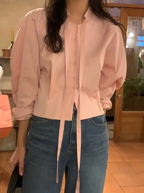 Korean Style Long Sleeve Women's Shirt Casual Slimming College Fashion Spring Autumn New Unique Trendy Top Short Length Pure ...