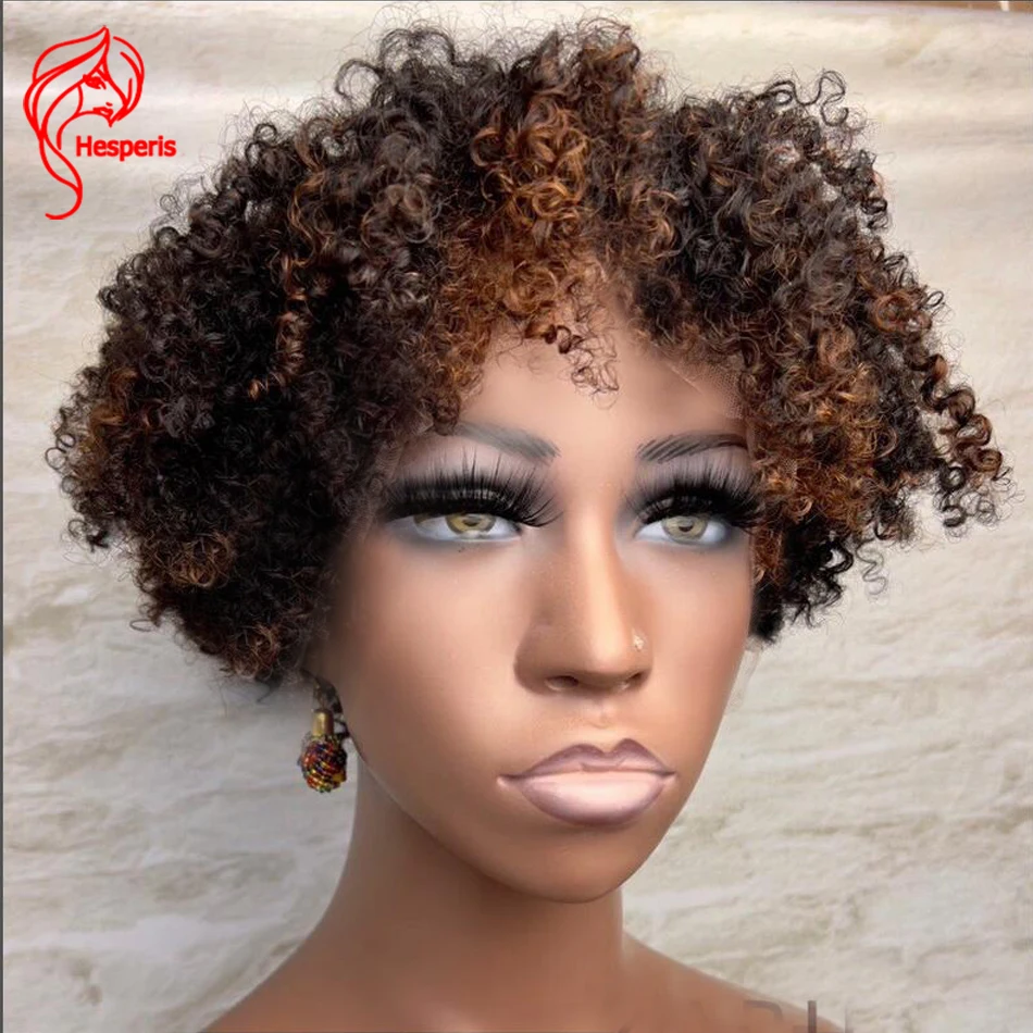 Hesperis Tapered Cut Short Kinky Curly Full Machine Made Human Hair Wig With Bangs For Women Short Curly Tapered Pixie Wigs