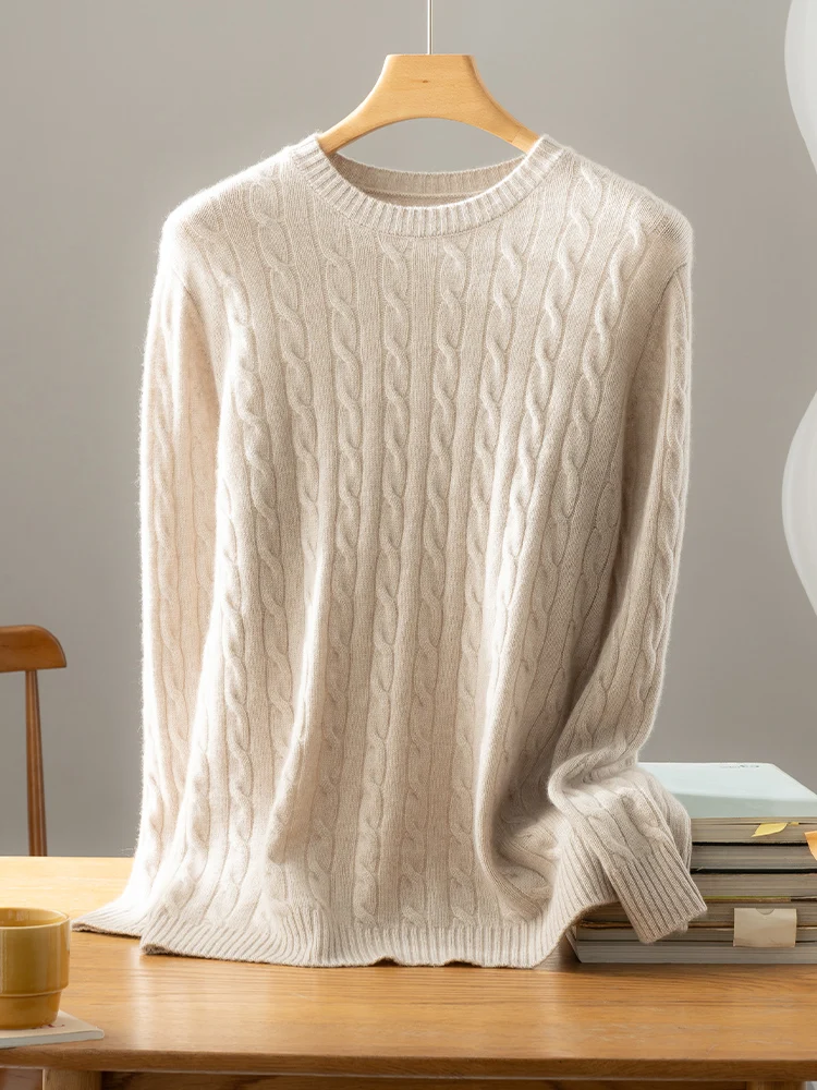 2025 Men's 100% Cashmere Cable Knit Sweater Autumn Winter O-neck Thick Long Sleeve Pullover Smart Casual Cashmere Knitwear Tops