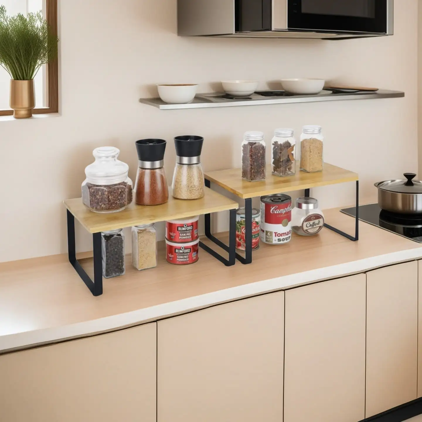Cabinet Organizer Shelf Set Of 2 Modern Natural Bamboo Black Metal Frame Kitchen Counter Shelves Stackable Expandable Storage Spice Rack Stand Holder Unit For Pantry Cupboard Bathroom Countertop Housewarming Gift